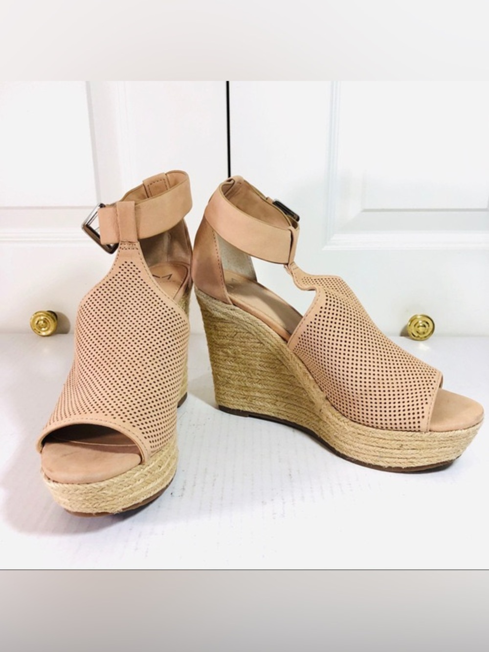Marc Fisher Perforated Tan Espadrille Wedge Sandals